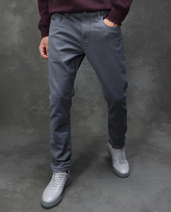 Rare Rabbit Men Corvo Dark Grey Cotton Polyester Fabric Slim Fit Plain Denim Pant