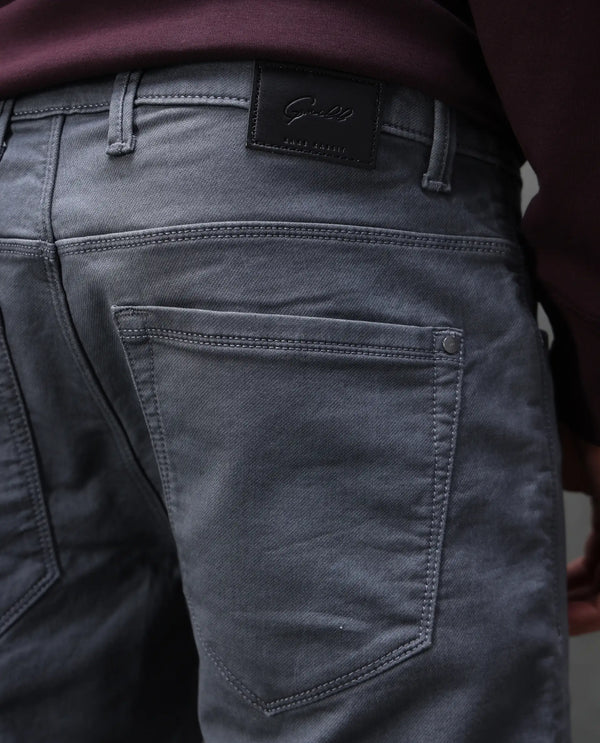Rare Rabbit Men Corvo Dark Grey Cotton Polyester Fabric Slim Fit Plain Denim Pant