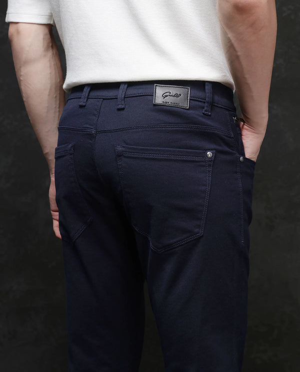 Rare Rabbit Men Corvo Navy Cotton Polyester Fabric Slim Fit Plain Denim Pant