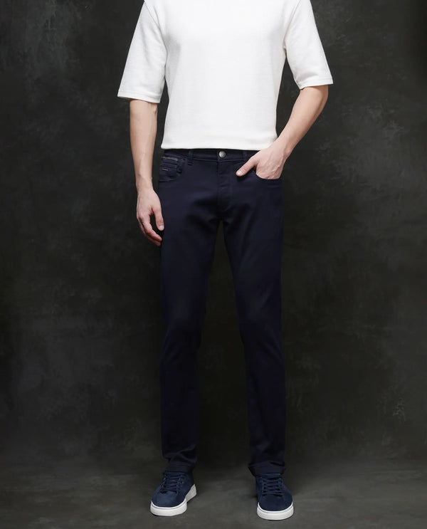 Rare Rabbit Men Corvo Navy Cotton Polyester Fabric Slim Fit Plain Denim Pant