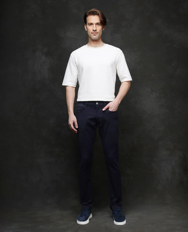 Rare Rabbit Men Corvo Navy Cotton Polyester Fabric Slim Fit Plain Denim Pant