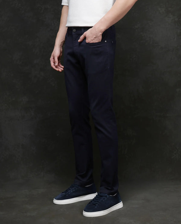 Rare Rabbit Men Corvo Navy Cotton Polyester Fabric Slim Fit Plain Denim Pant