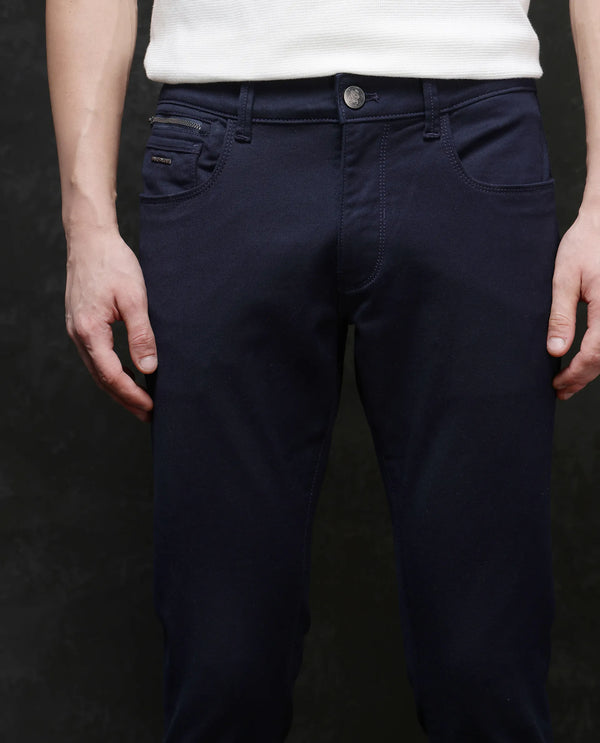 Rare Rabbit Men Corvo Navy Cotton Polyester Fabric Slim Fit Plain Denim Pant