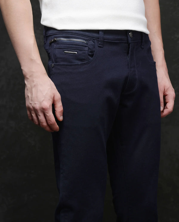 Rare Rabbit Men Corvo Navy Cotton Polyester Fabric Slim Fit Plain Denim Pant