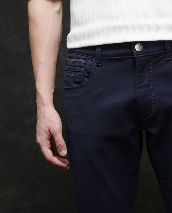 Rare Rabbit Men Corvo Navy Cotton Polyester Fabric Slim Fit Plain Denim Pant