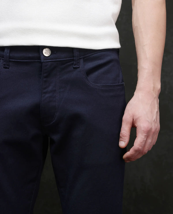 Rare Rabbit Men Corvo Navy Cotton Polyester Fabric Slim Fit Plain Denim Pant