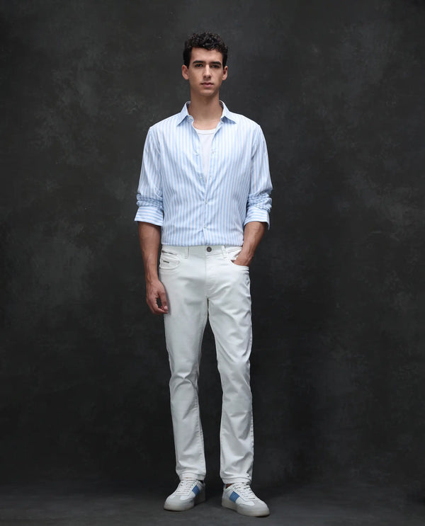 Rare Rabbit Men Corvo Off White Cotton Polyester Fabric Slim Fit Plain Denim Pant