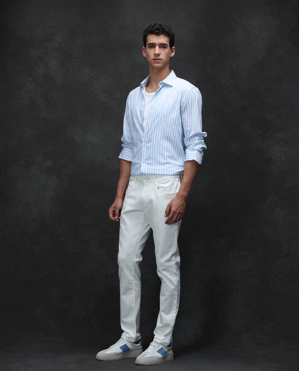 Rare Rabbit Men Corvo Off White Cotton Polyester Fabric Slim Fit Plain Denim Pant