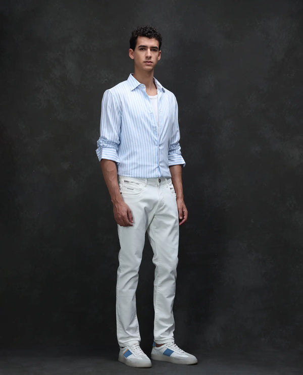 Rare Rabbit Men Corvo Off White Cotton Polyester Fabric Slim Fit Plain Denim Pant