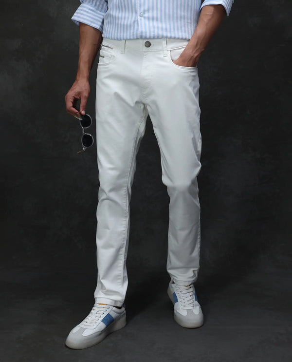 Rare Rabbit Men Corvo Off White Cotton Polyester Fabric Slim Fit Plain Denim Pant