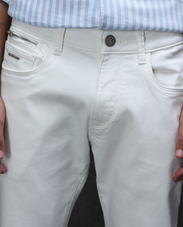 Rare Rabbit Men Corvo Off White Cotton Polyester Fabric Slim Fit Plain Denim Pant