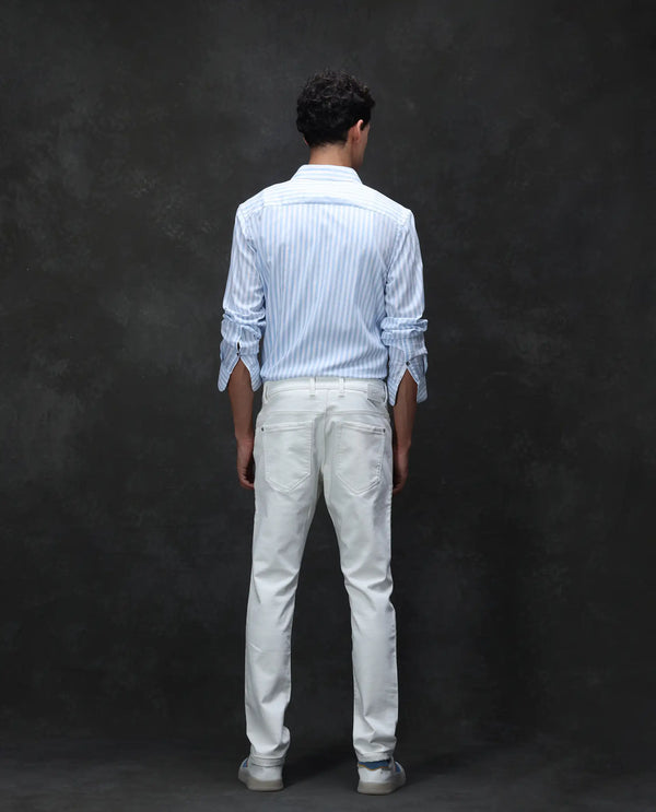 Rare Rabbit Men Corvo Off White Cotton Polyester Fabric Slim Fit Plain Denim Pant