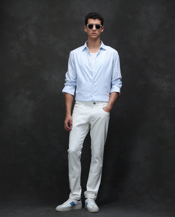 Rare Rabbit Men Corvo Off White Cotton Polyester Fabric Slim Fit Plain Denim Pant