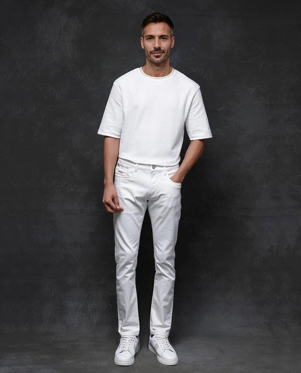 Rare Rabbit Men Corvo Off White Cotton Polyester Fabric Slim Fit Plain Denim Pant