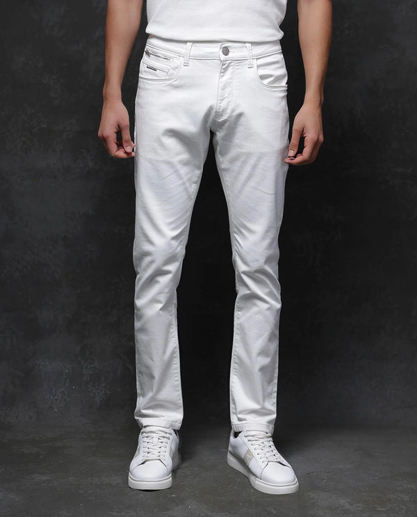 Rare Rabbit Men Corvo Off White Cotton Polyester Fabric Slim Fit Plain Denim Pant