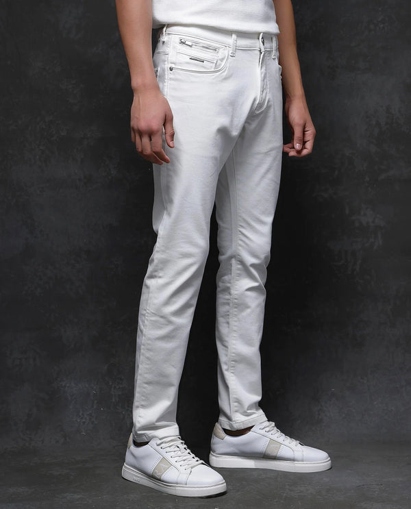 Rare Rabbit Men Corvo Off White Cotton Polyester Fabric Slim Fit Plain Denim Pant