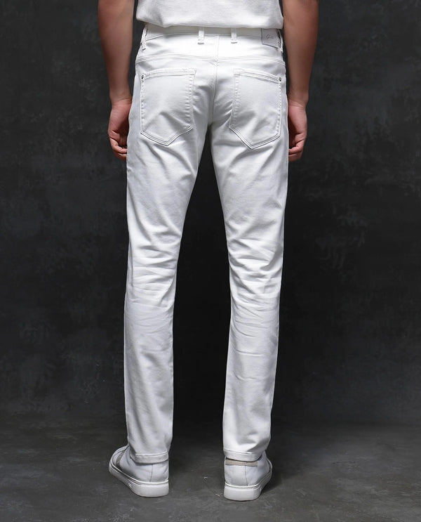 Rare Rabbit Men Corvo Off White Cotton Polyester Fabric Slim Fit Plain Denim Pant