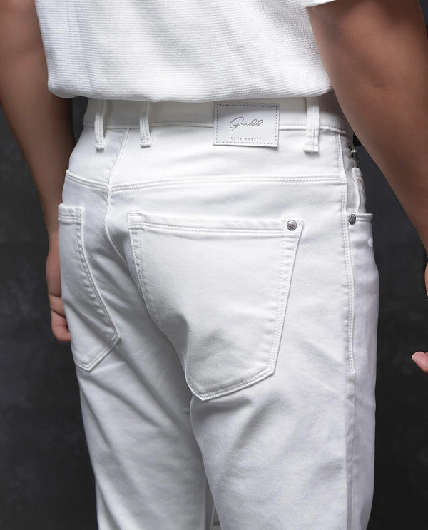 Rare Rabbit Men Corvo Off White Cotton Polyester Fabric Slim Fit Plain Denim Pant
