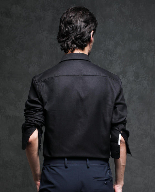 Rare Rabbit Men's Cosa-1 Black Cotton Fabric Full Sleeves Solid Shirt
