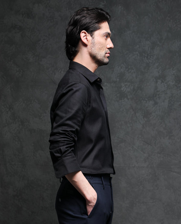 Rare Rabbit Men's Cosa-1 Black Cotton Fabric Full Sleeves Solid Shirt