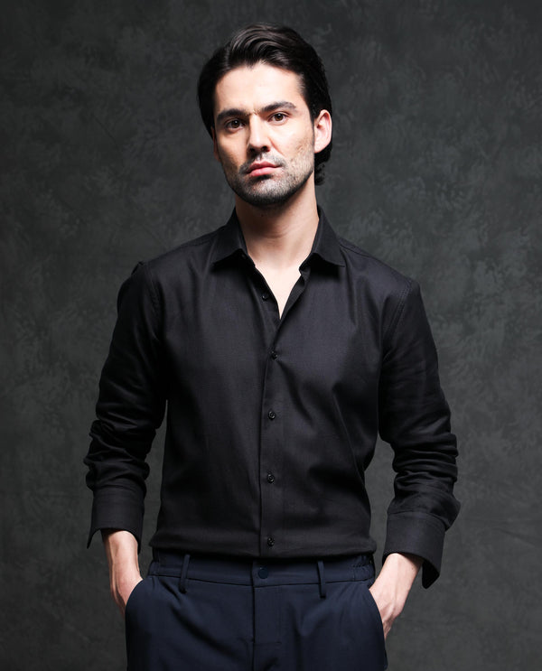 Rare Rabbit Men's Cosa-1 Black Cotton Fabric Full Sleeves Solid Shirt