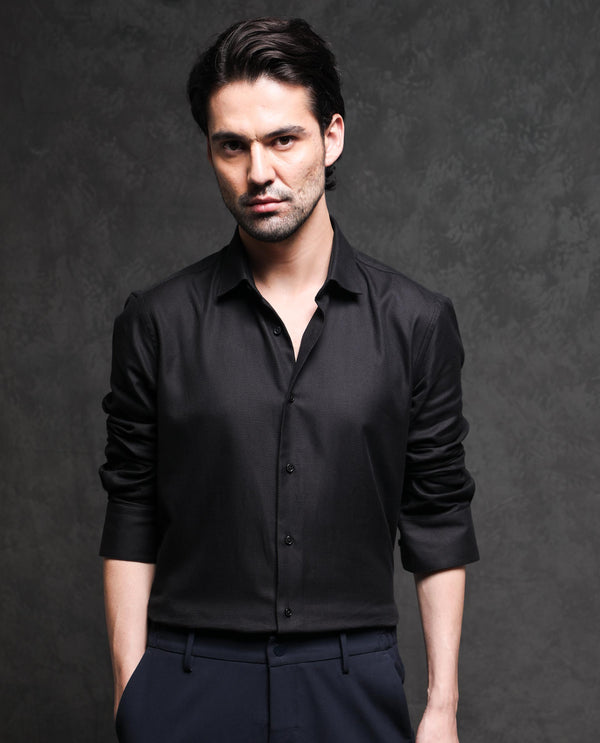 Rare Rabbit Men's Cosa-1 Black Cotton Fabric Full Sleeves Solid Shirt