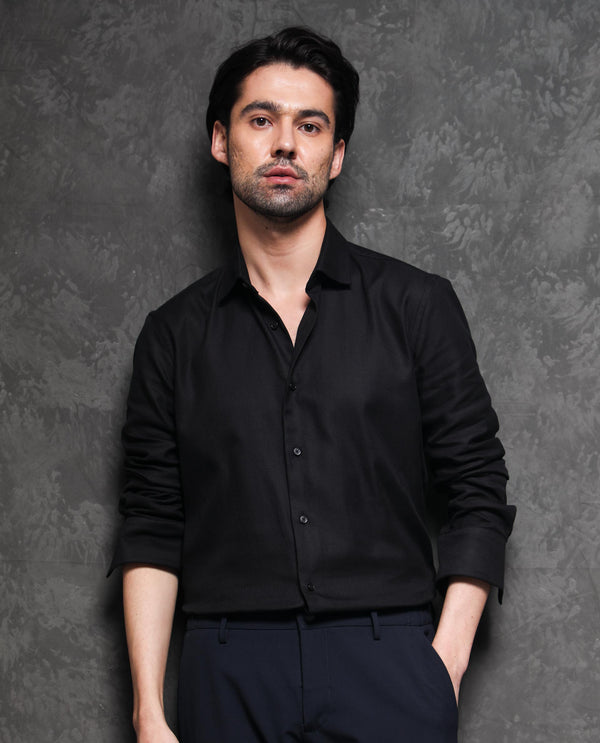 Rare Rabbit Men's Cosa-1 Black Cotton Fabric Full Sleeves Solid Shirt