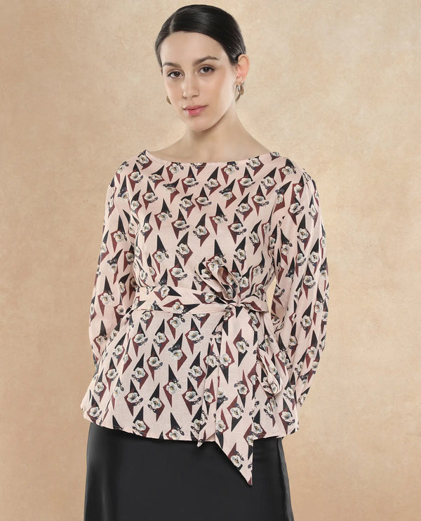 Rareism Women Cosenza Multi Bishop Sleeve Boat Neck Button Floral Print Top