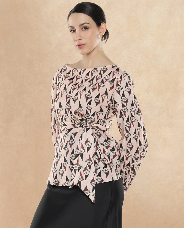 Rareism Women Cosenza Multi Bishop Sleeve Boat Neck Button Floral Print Top