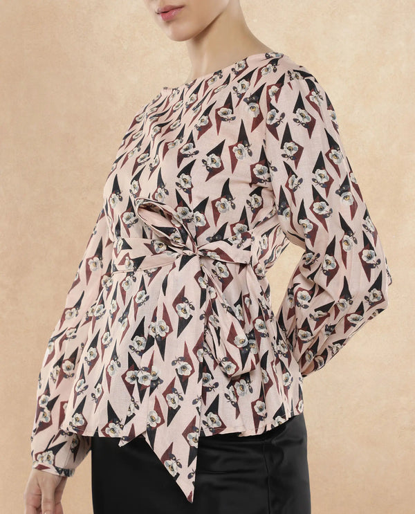 Rareism Women Cosenza Multi Bishop Sleeve Boat Neck Button Floral Print Top
