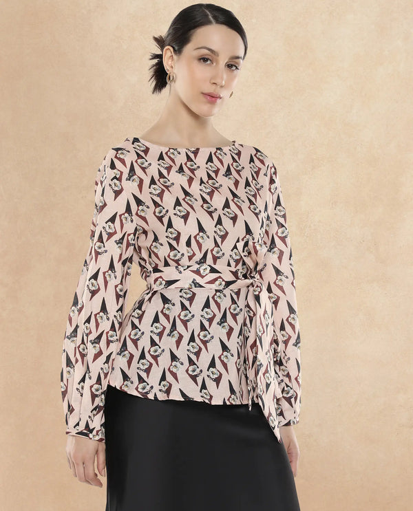 Rareism Women Cosenza Multi Bishop Sleeve Boat Neck Button Floral Print Top
