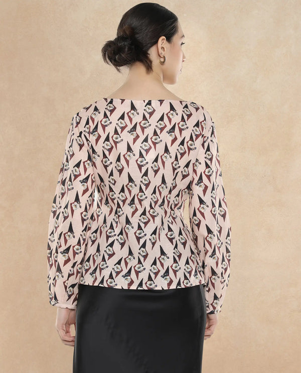 Rareism Women Cosenza Multi Bishop Sleeve Boat Neck Button Floral Print Top