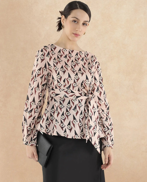 Rareism Women Cosenza Multi Bishop Sleeve Boat Neck Button Floral Print Top