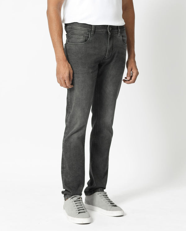 Rare Rabbit Men's Cosmog Black Mid Wash Mid-Rise Slim Fit Jeans