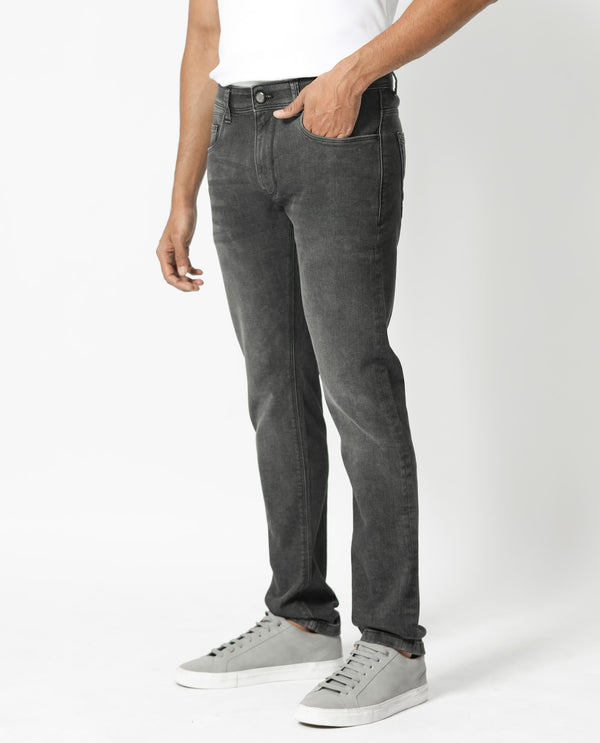 Rare Rabbit Men's Cosmog Black Mid Wash Mid-Rise Slim Fit Jeans