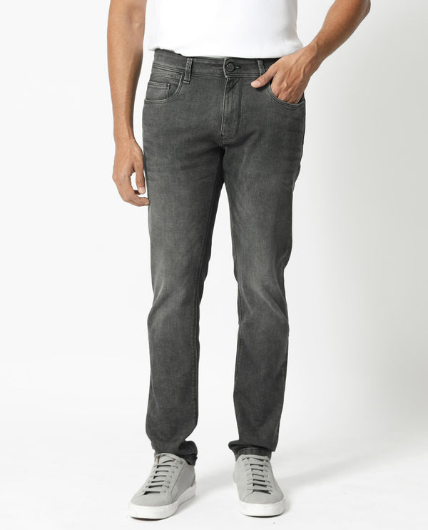 Rare Rabbit Men's Cosmog Black Mid Wash Mid-Rise Slim Fit Jeans