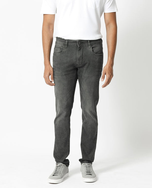 Rare Rabbit Men's Cosmog Black Mid Wash Mid-Rise Slim Fit Jeans