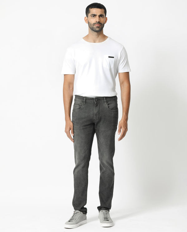 Rare Rabbit Men's Cosmog Black Mid Wash Mid-Rise Slim Fit Jeans