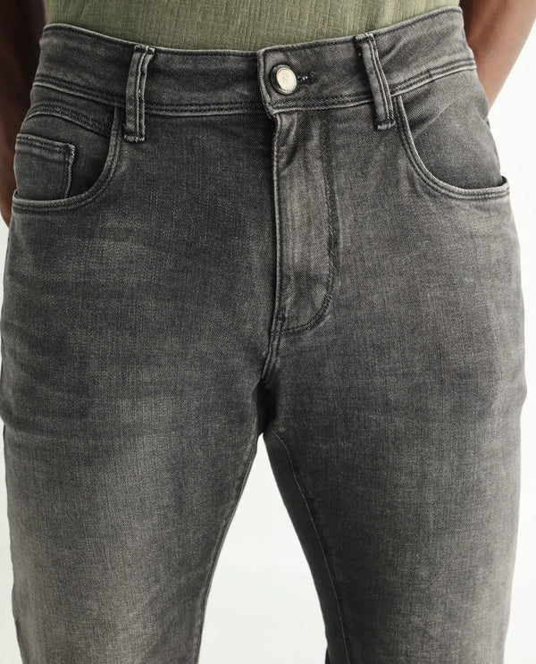 Rare Rabbit Men's Cosmog Black Mid Wash Mid-Rise Slim Fit Jeans