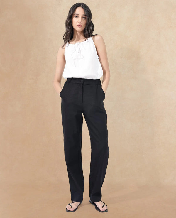 Rareism Women Costa-B Black Cotton Linen Fabric Regular Length Trouser
