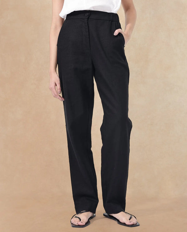 Rareism Women Costa-B Black Cotton Linen Fabric Regular Length Trouser