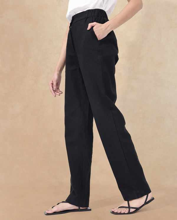 Rareism Women Costa-B Black Cotton Linen Fabric Regular Length Trouser