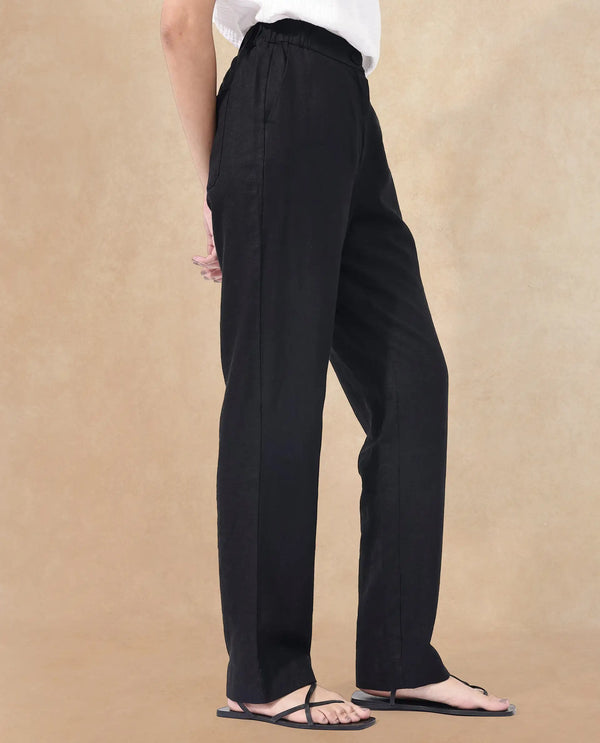 Rareism Women Costa-B Black Cotton Linen Fabric Regular Length Trouser