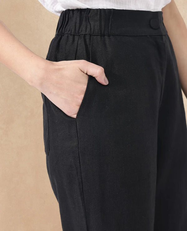 Rareism Women Costa-B Black Cotton Linen Fabric Regular Length Trouser