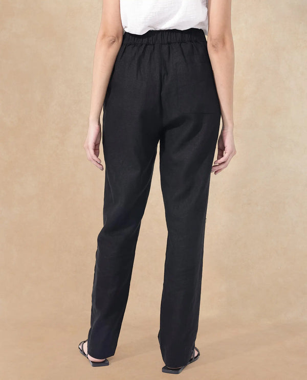 Rareism Women Costa-B Black Cotton Linen Fabric Regular Length Trouser