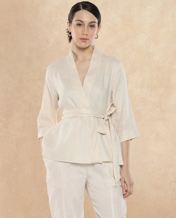 Rareism Women Costa-T Light Beige Cotton Linen Fabric Regular Sleeves Collared Neck Solid Regular Length Top