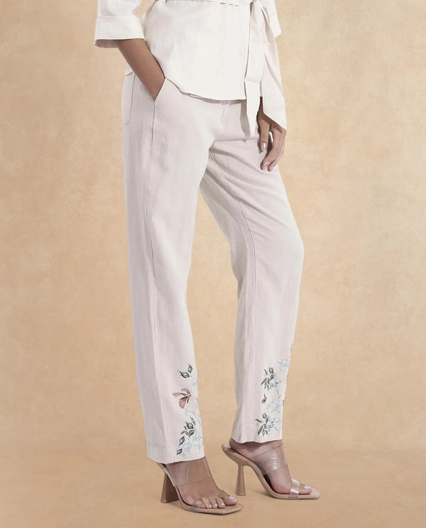 Rareism Women Costa-B Light Beige Cotton Linen Fabric Regular Length Trouser