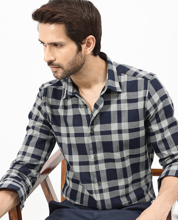 Rare Rabbit Mens Costy Navy Cotton Fabric Full Sleeve Regular Fit Checks Shirt