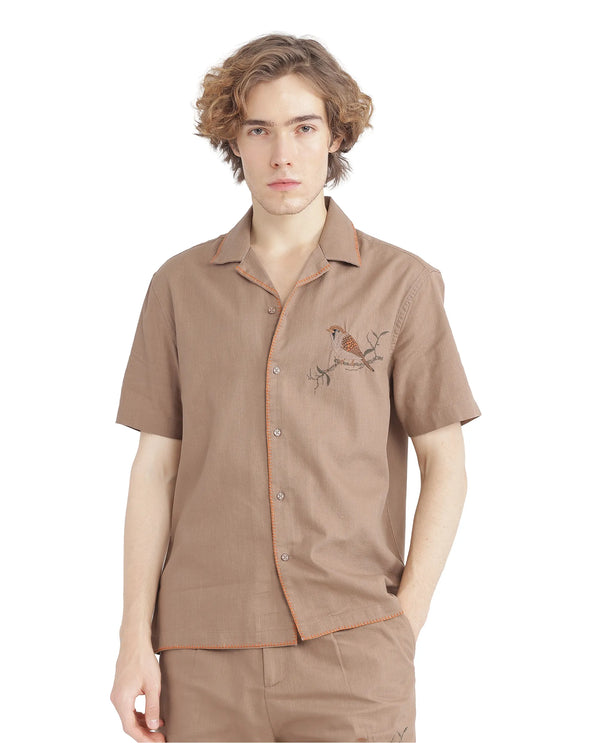 Rare Rabbit Men Couvin Light Brown Cotton Fabric Plain Shirt