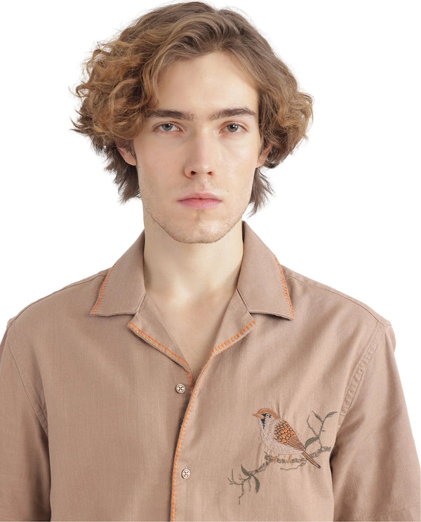 Rare Rabbit Men Couvin Light Brown Cotton Fabric Plain Shirt